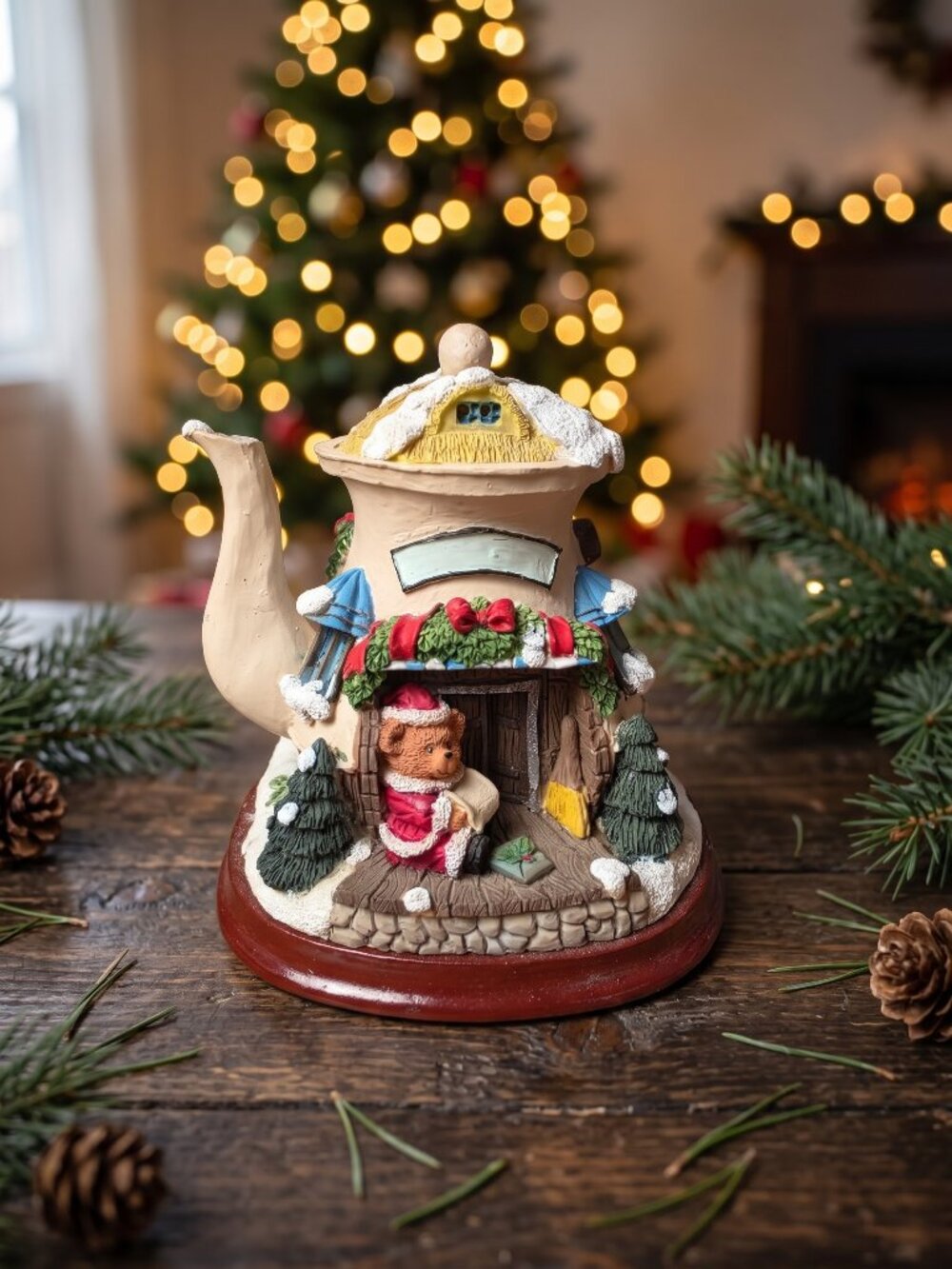 Vintage Christmas Teapot Cottage Figurine village house